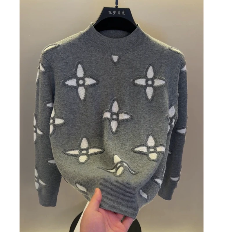 高档半高领提花针织衫毛衣男士秋冬时尚内搭保暖打底衫男装5133