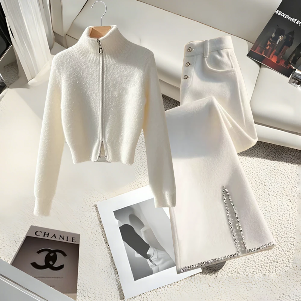 高级感气质白色短款针织衫2025春季精致时尚百搭显瘦直筒裤女装