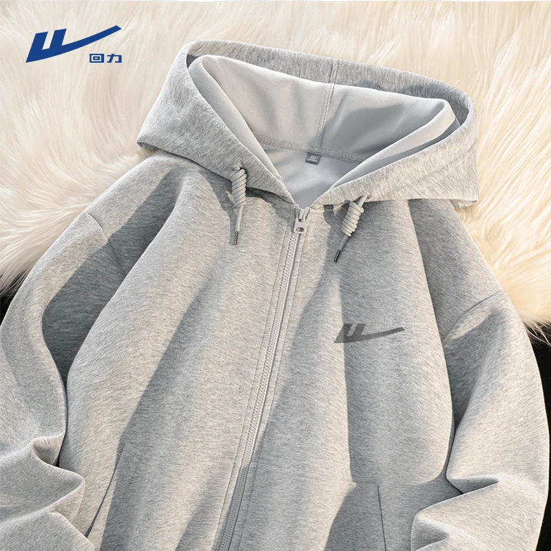 回力青少年春秋外套男款春秋爆款2025新款男士灰色连帽开衫卫衣男