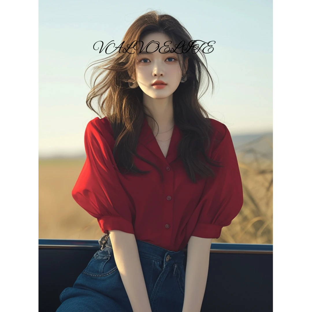 VALVOELITE法式灯笼袖夏季新款衬衫韩版女装显瘦小众宽松洋气上衣