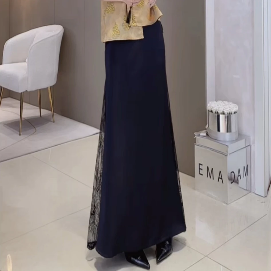 【橙子定制】新款夏季法式复古蕾丝拼接垂感显瘦半身裙#8817