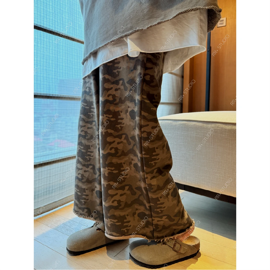 『豆公子』21151美式复古松紧腰迷彩卷边卫裤女秋宽松百搭阔腿裤