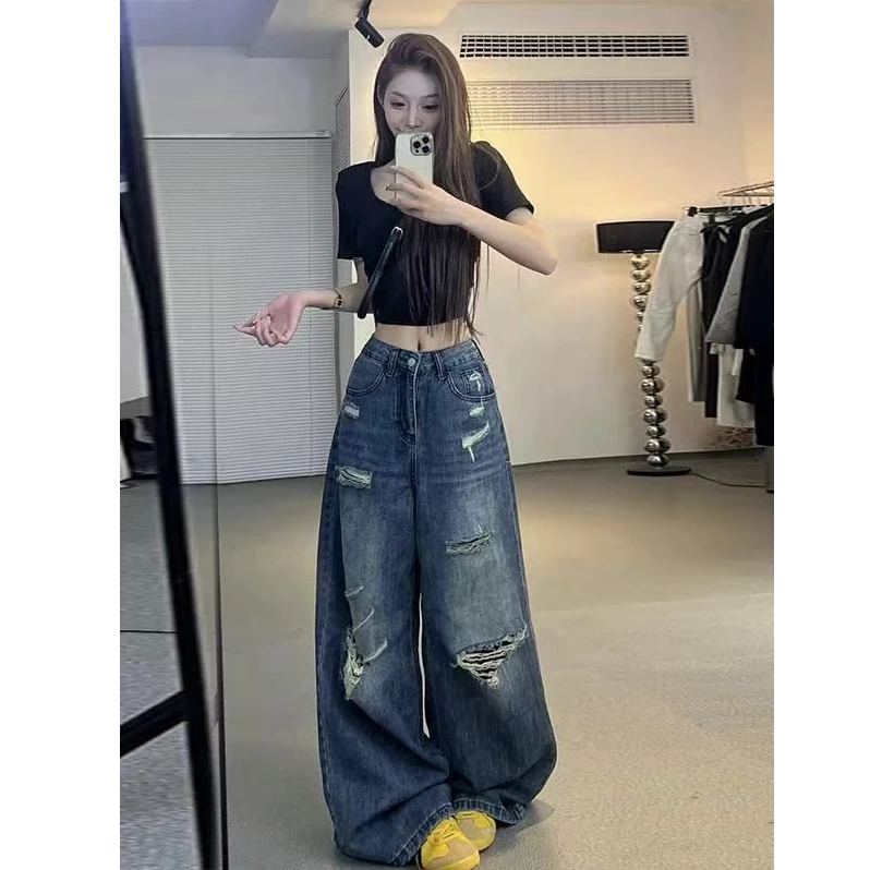 （运费险+现货）破洞裤辣妹牛仔裤女高腰宽松垂感拖地美式长裤子潮