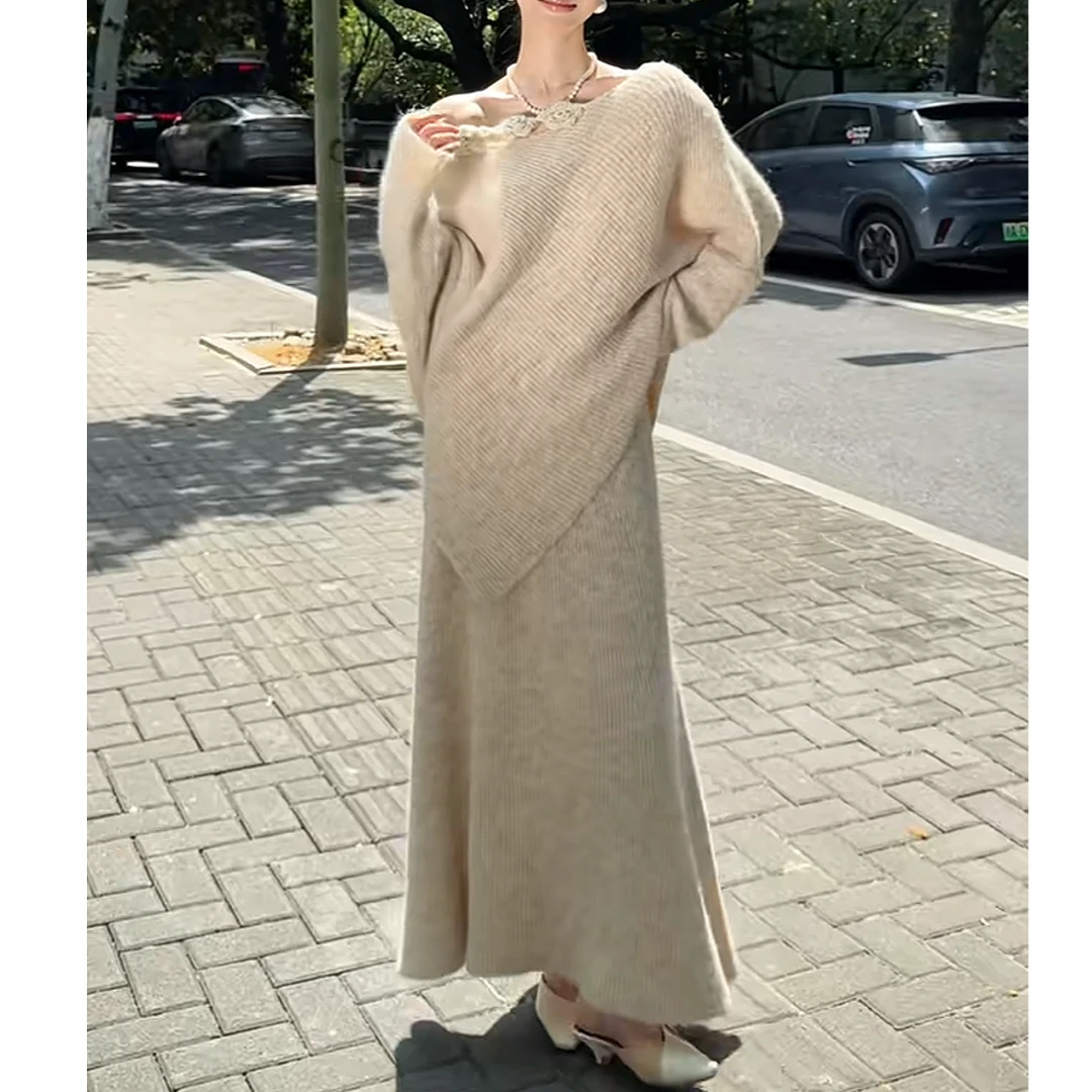 立体花朵毛衣套头针织衫+半身裙两件套秋冬温柔名媛气质套装女装