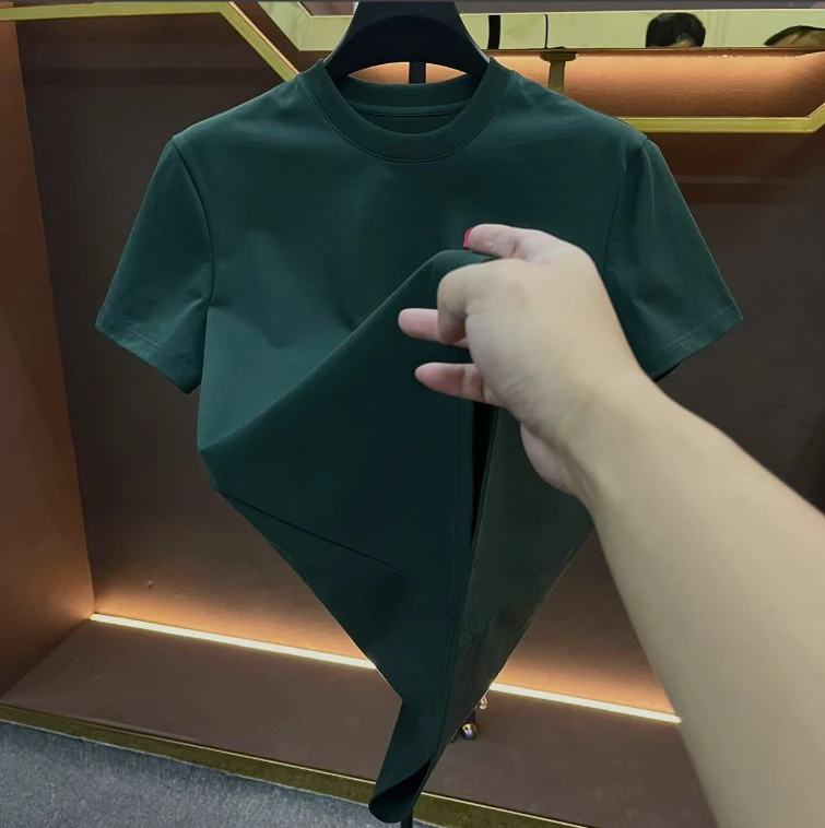 HU【25199】春季新款半袖纯色圆领上衣男装轻奢