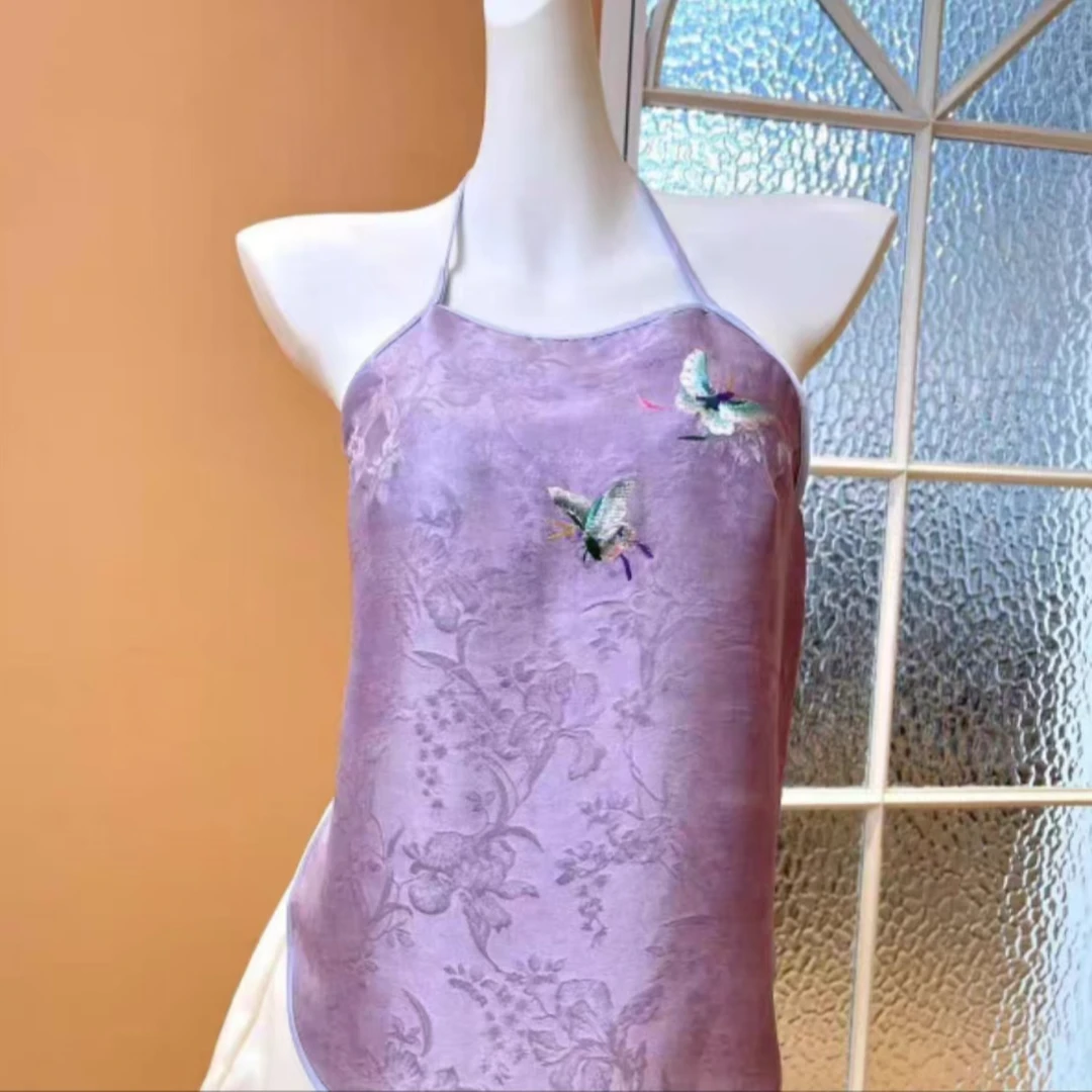 苏绣刺绣单件肚兜古风睡衣家居真丝吊带内搭带胸垫新中式内衣日常