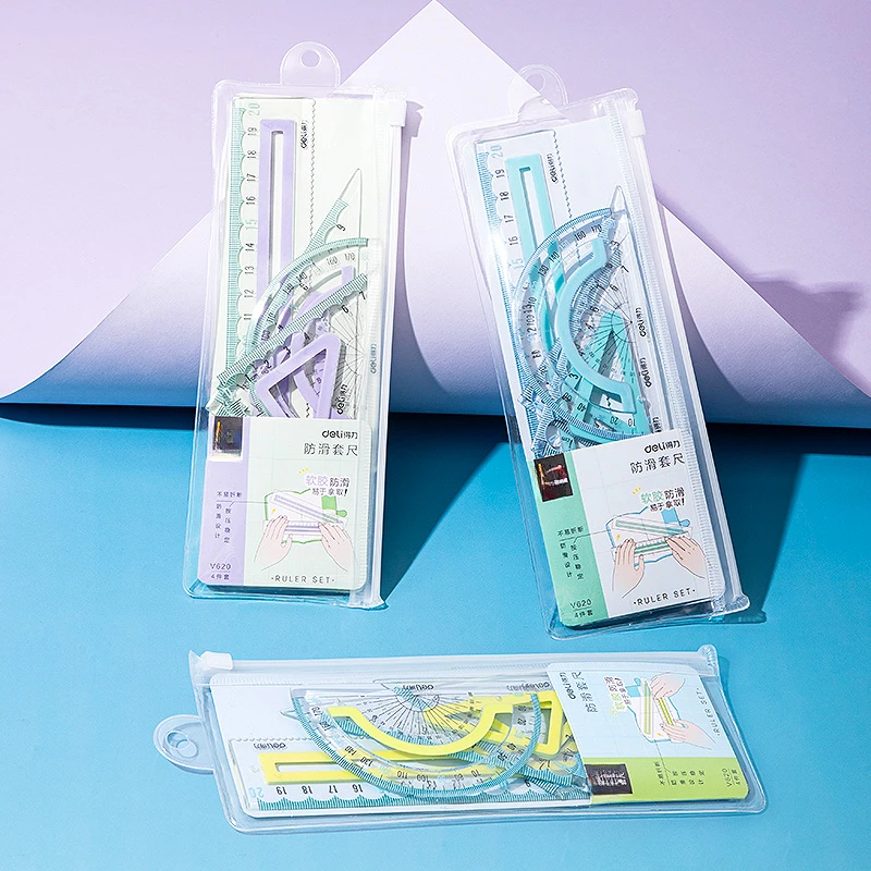 得力尺子套装防滑透明直尺小学生考试专用高颜值软尺三角板多