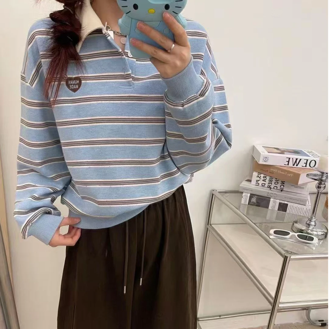 YUEN【POLO领条纹】时尚宽松ins百搭卫衣翻领刺绣秋季条纹长袖卫衣