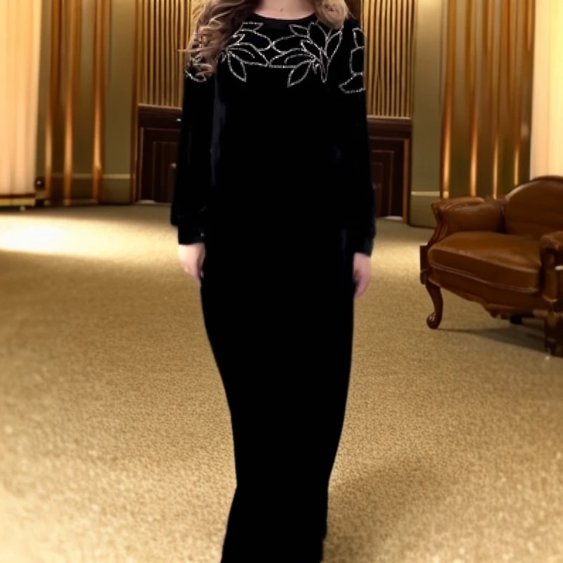 新款丝绒烫钻长裙气质时尚连衣裙回族袍子