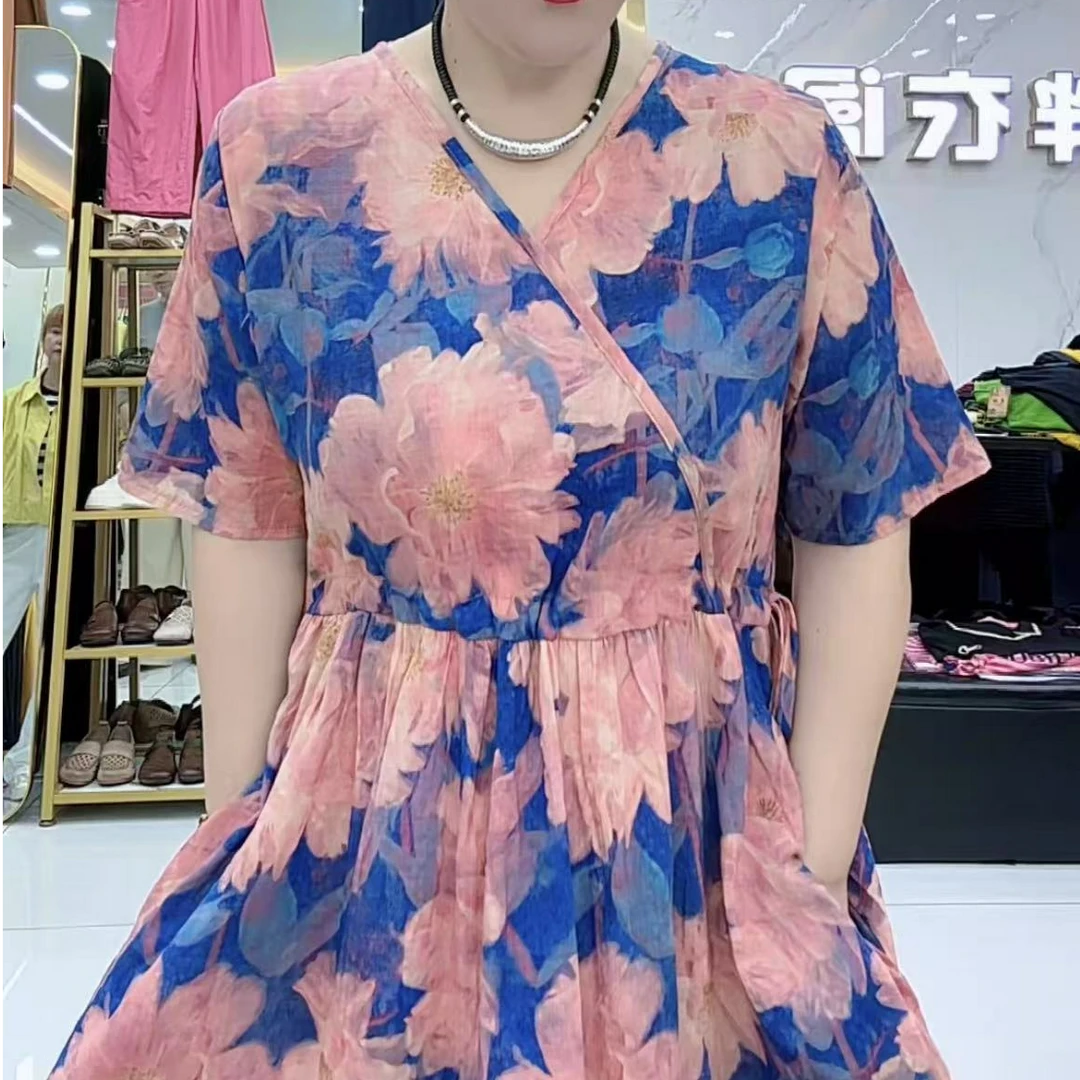 常规女装圆领通勤气质夏季碎花短袖时尚大码麻棉连衣裙