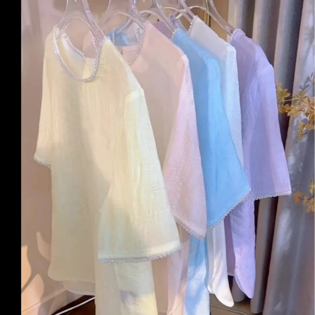 【焕彩】夏季2025新款女装新中式圆领亮片绣花薄款气质上衣T恤