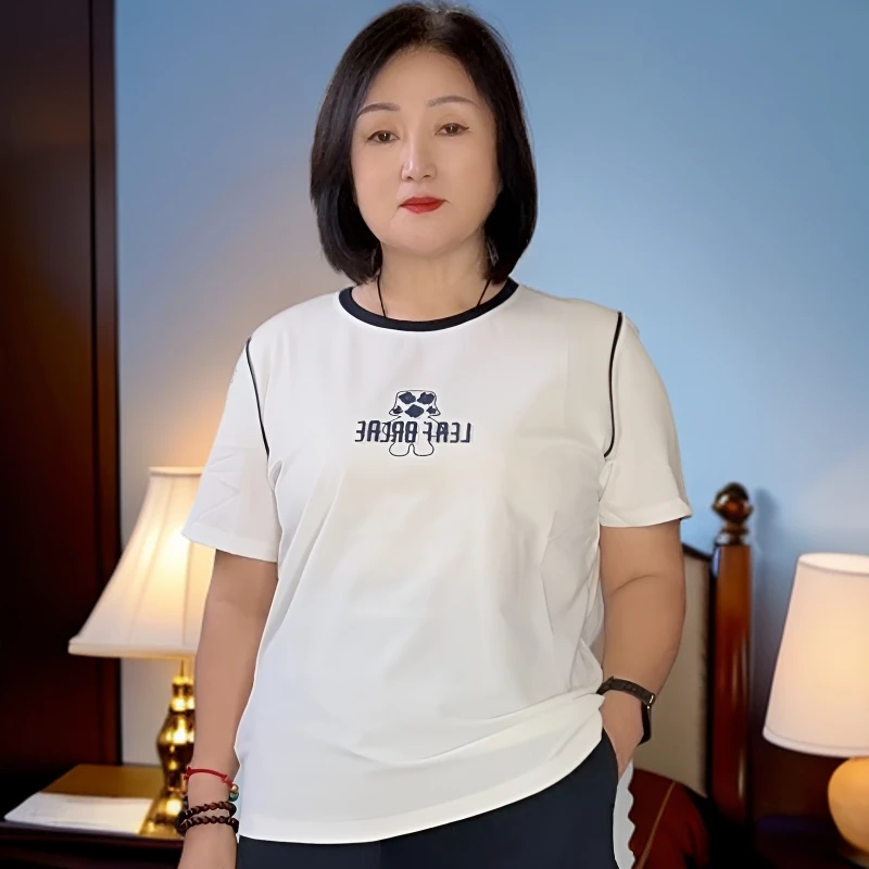 2025初夏新款8269卡通刺绣拼接撞色时尚休闲百搭文艺女装圆领半袖