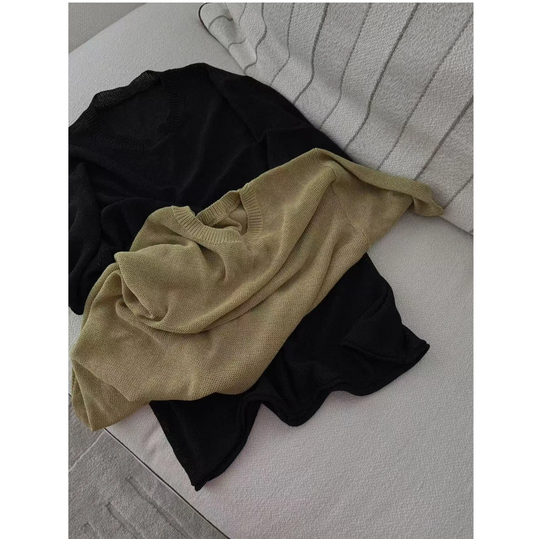 白白家-【慵懒凉感】简约圆领和纸纱针织上衣空气感T恤衫#87809