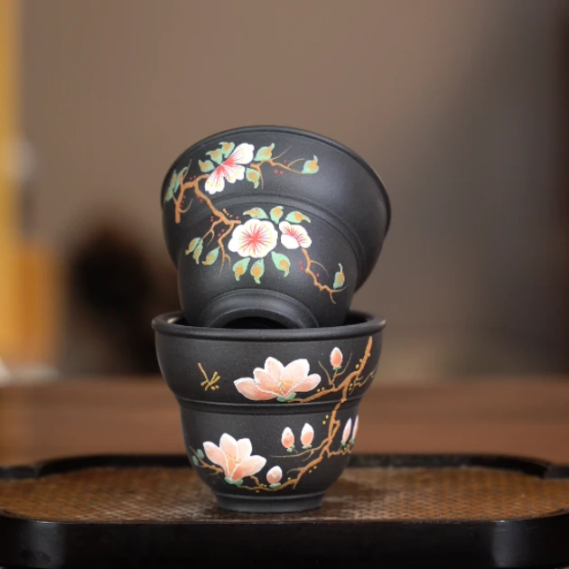 6251宜兴原矿紫砂茶具君子兰手工刻绘玉兰桃花对杯YY100ml