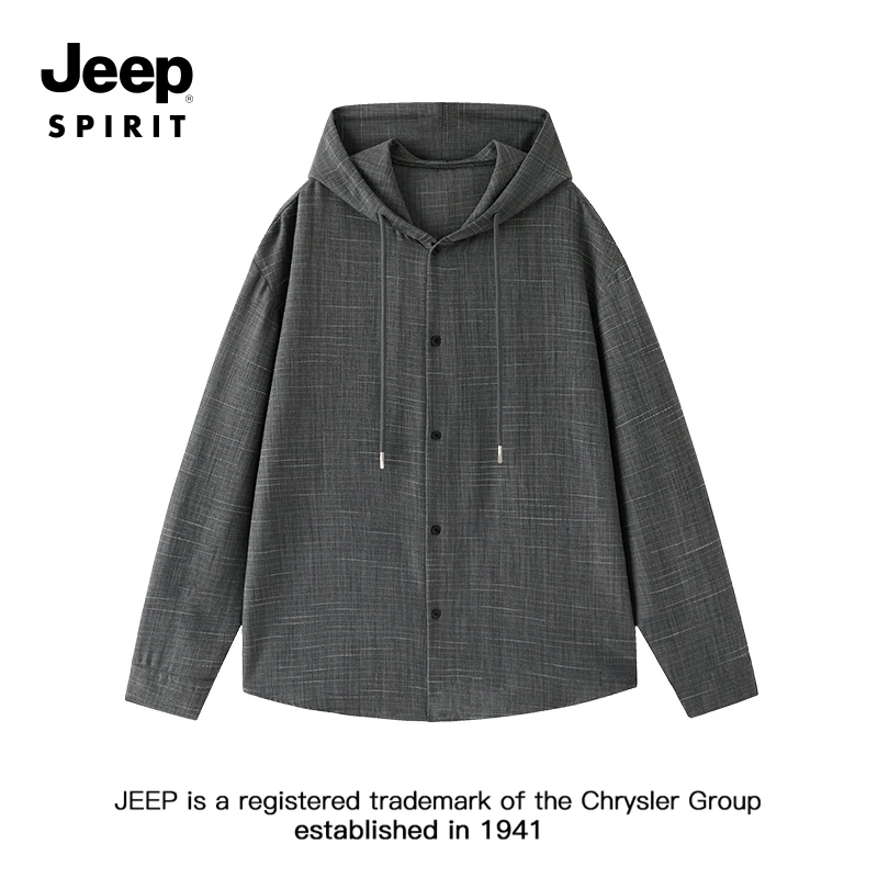 JEEPSPIRIT吉普老钱风连帽长袖衬衫男秋季潮牌宽松休闲衬衣外套男