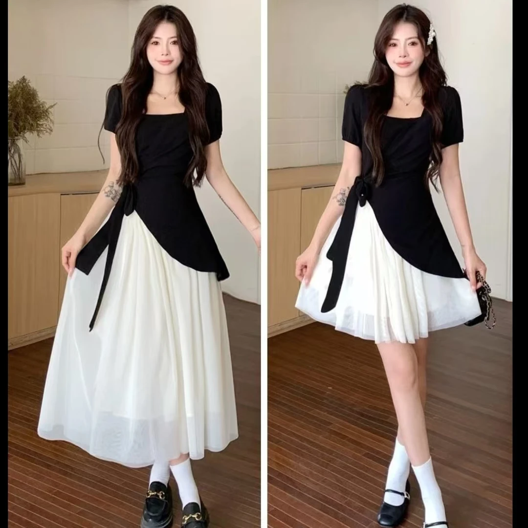 大码微胖松本丧丧夏季撞色褶皱感女装裙子连衣裙女款爆款2025新款