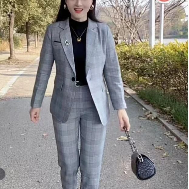 23129#格子气质套装外套加裤子两件套时尚修身款（衣长56裤长92）