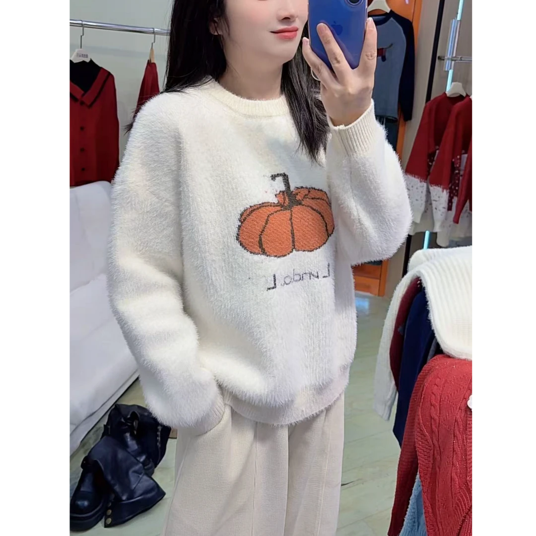 南瓜拉绒长袖女秋冬秋季毛绒常规休闲加厚南瓜毛针织衫针织