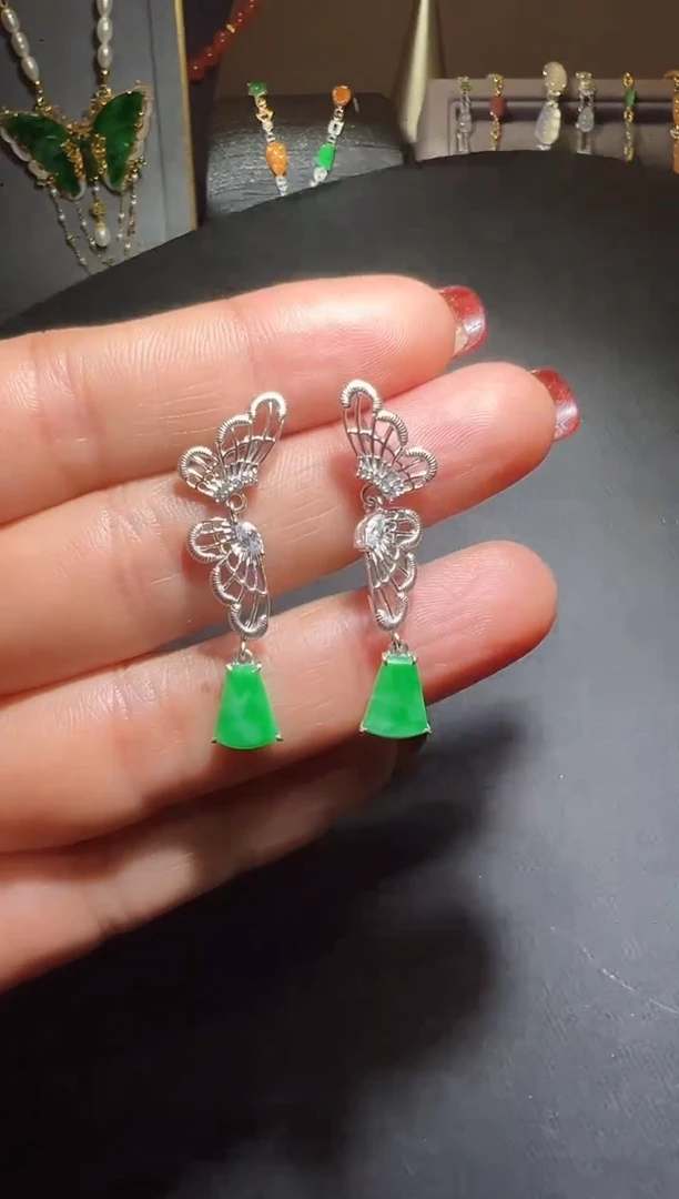 银S925镶嵌翡翠耳饰翡翠蝴蝶耳钉