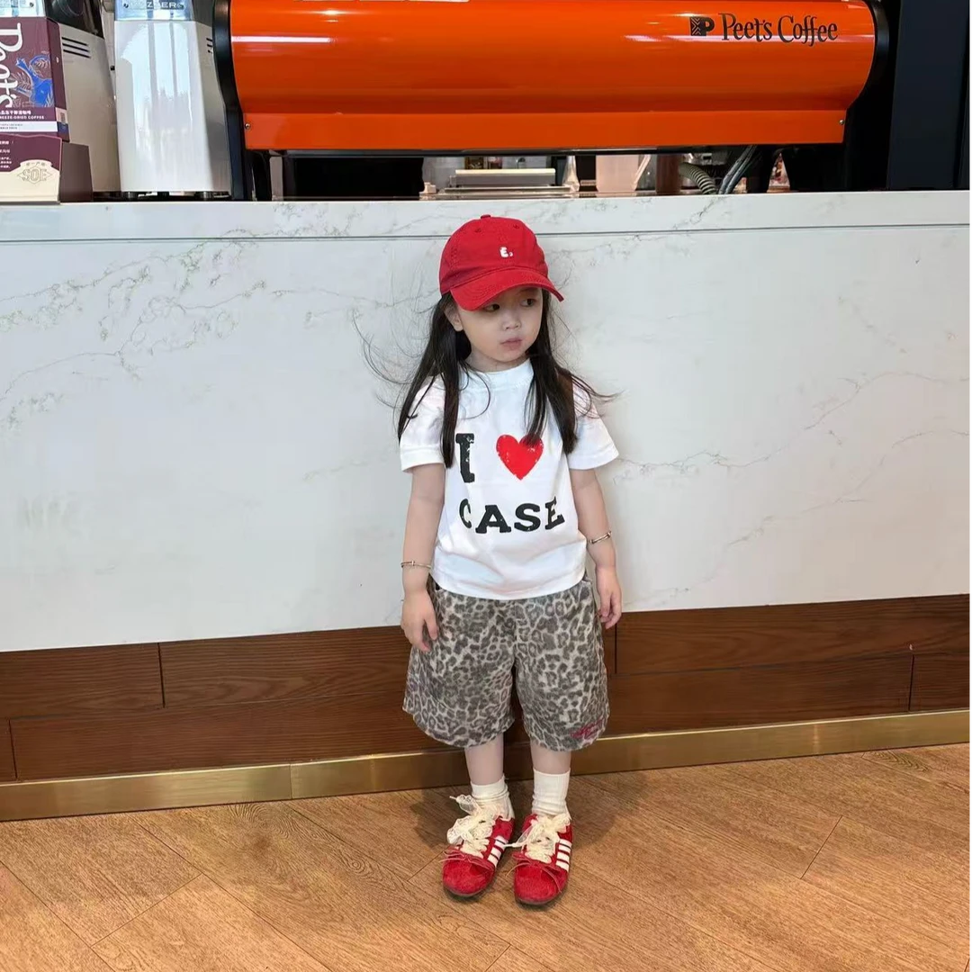 甜小七2025夏季女童韩版百搭休闲印花短袖上衣复古豹纹五分裤套装