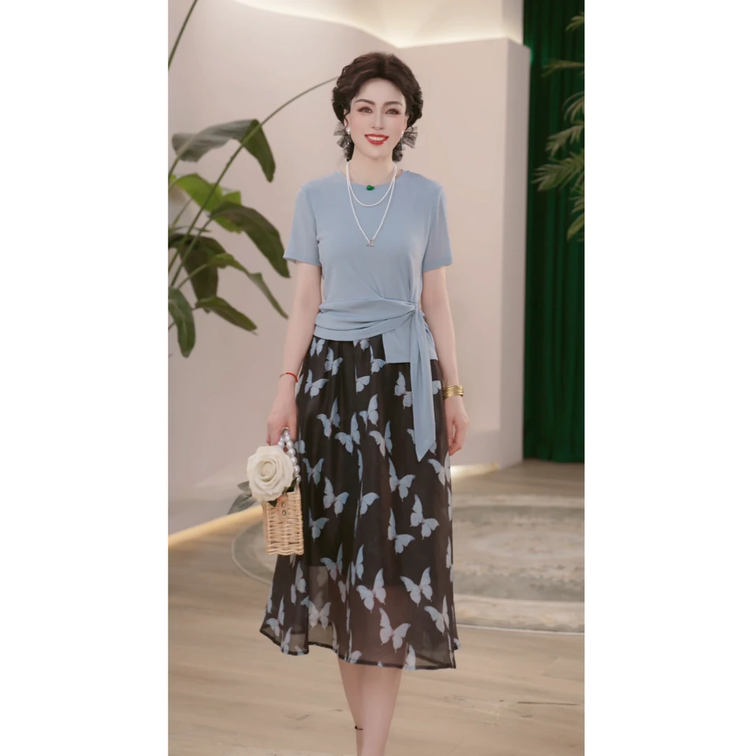 2025新款妈妈装夏装两件套气质上衣洋气中老年女装显瘦百搭裙子