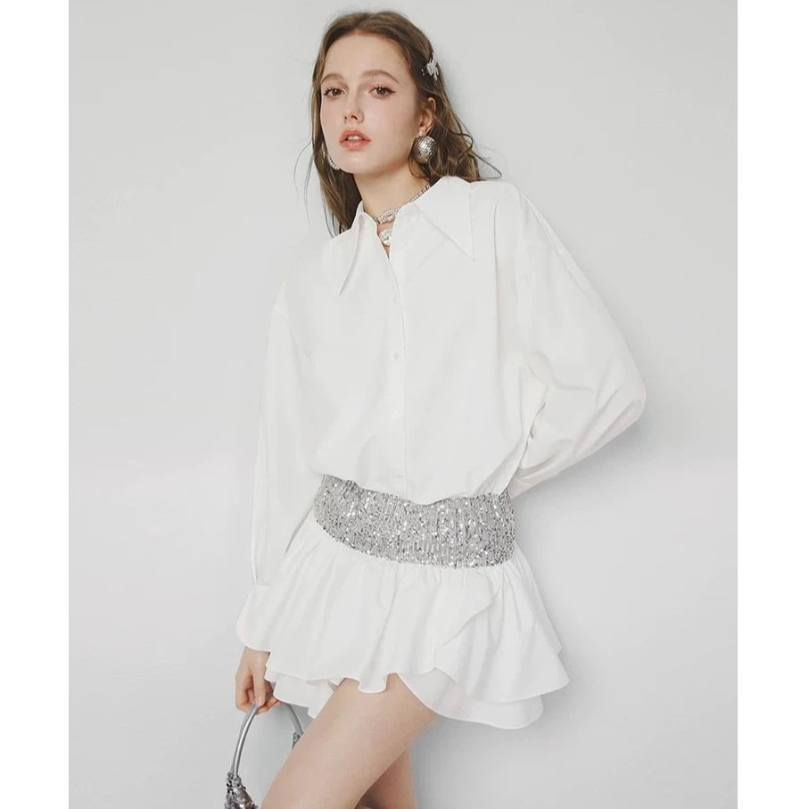 a字收腰连衣裙2025春新款小众设计感通勤纯欲亮片衬衫裙长袖短裙