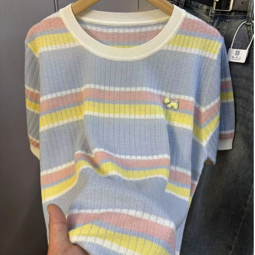 《花言巧语》新款多彩圆领短袖针织衫女