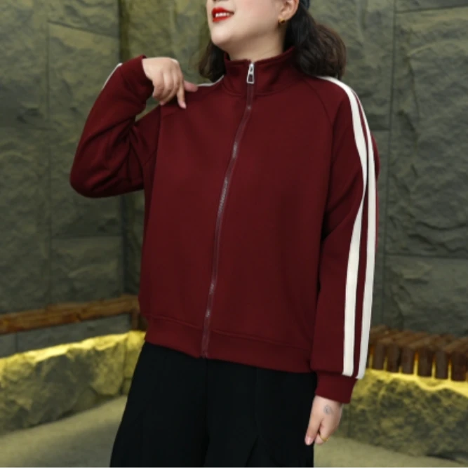 春季新款百搭休闲拉链立领条纹卫衣