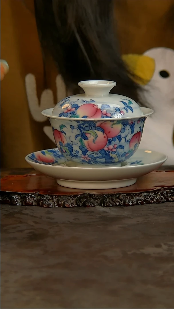 【闪购商品】青花手绘桃子三才盖碗