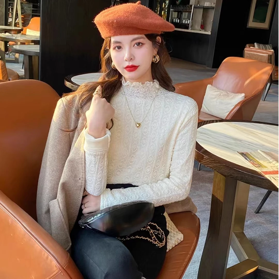 YANPING/燕苹新款加绒百搭时尚蓄热秋冬甜美半高领女蕾丝衫CX2376