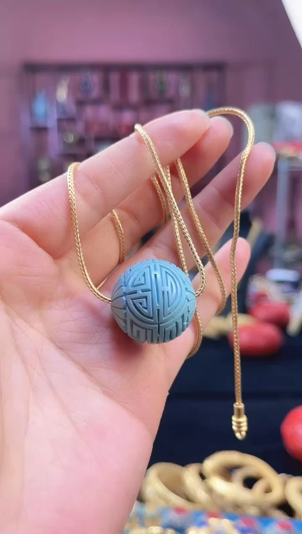 非遗 雕漆2.3寿字珠+蛇骨链 天蓝 带证