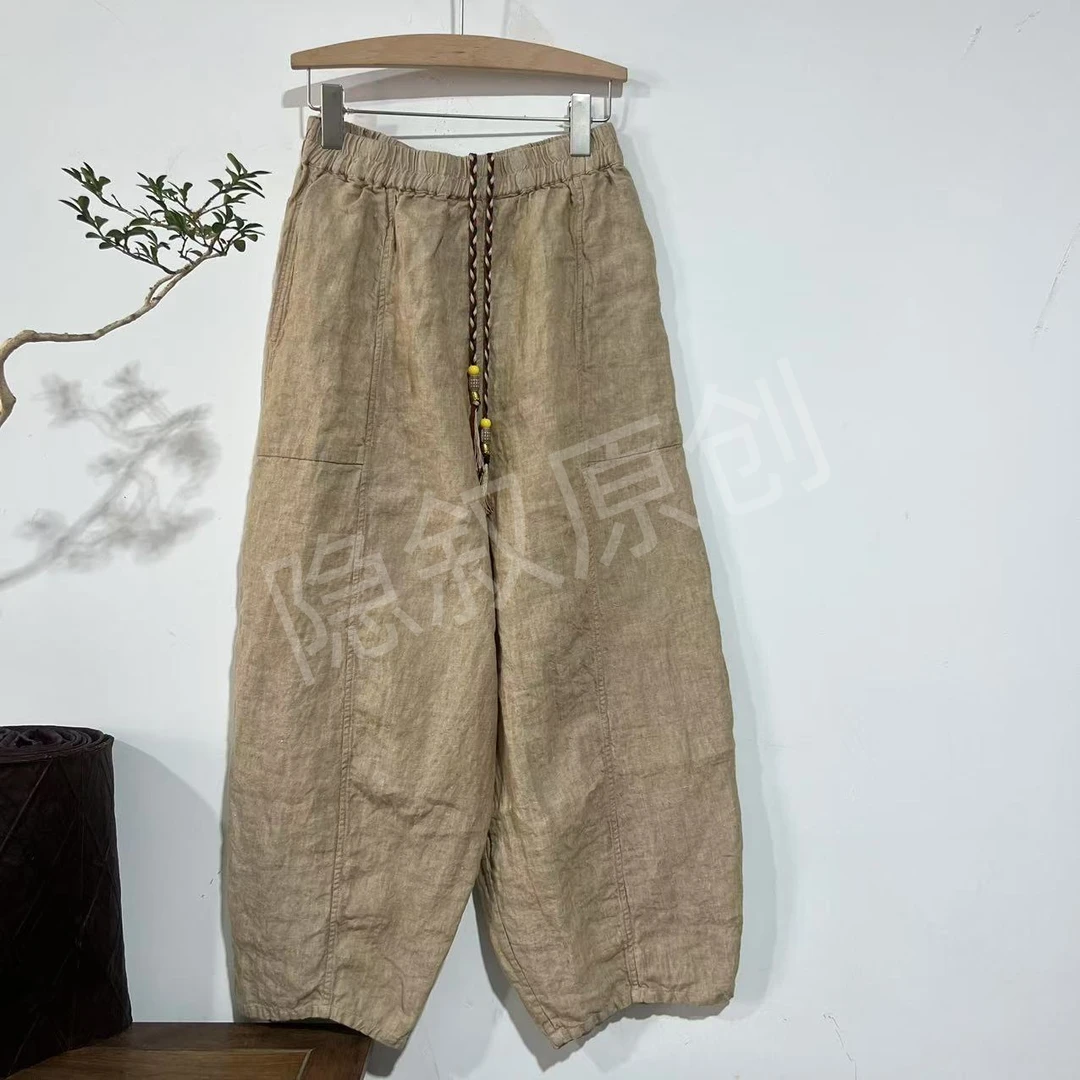 【隐叙原创】YX0535高品汉麻简约显瘦宽松百搭文艺风松紧腰休闲裤