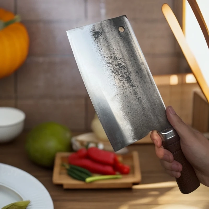 轴承钢手工锻打斩切两用刀加厚厨师专用刀20.5x11cm宽8毫米左右