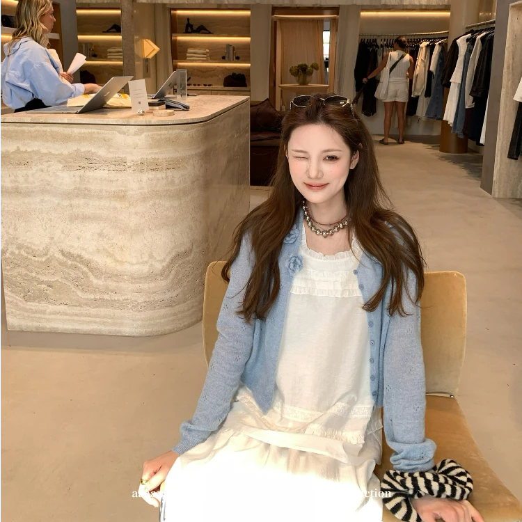 aaaaxbbb 山茶苏打水 手工钩花羊毛针织开衫立体设计V领防晒外套