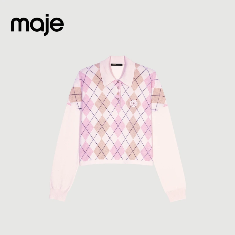 Maje新款女装格纹翻领套头针织上衣MFPPU00810