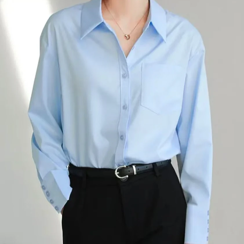 适中成人通勤长袖衬衫衬衣蓝色女士设计感休闲夏季简约春季轻奢