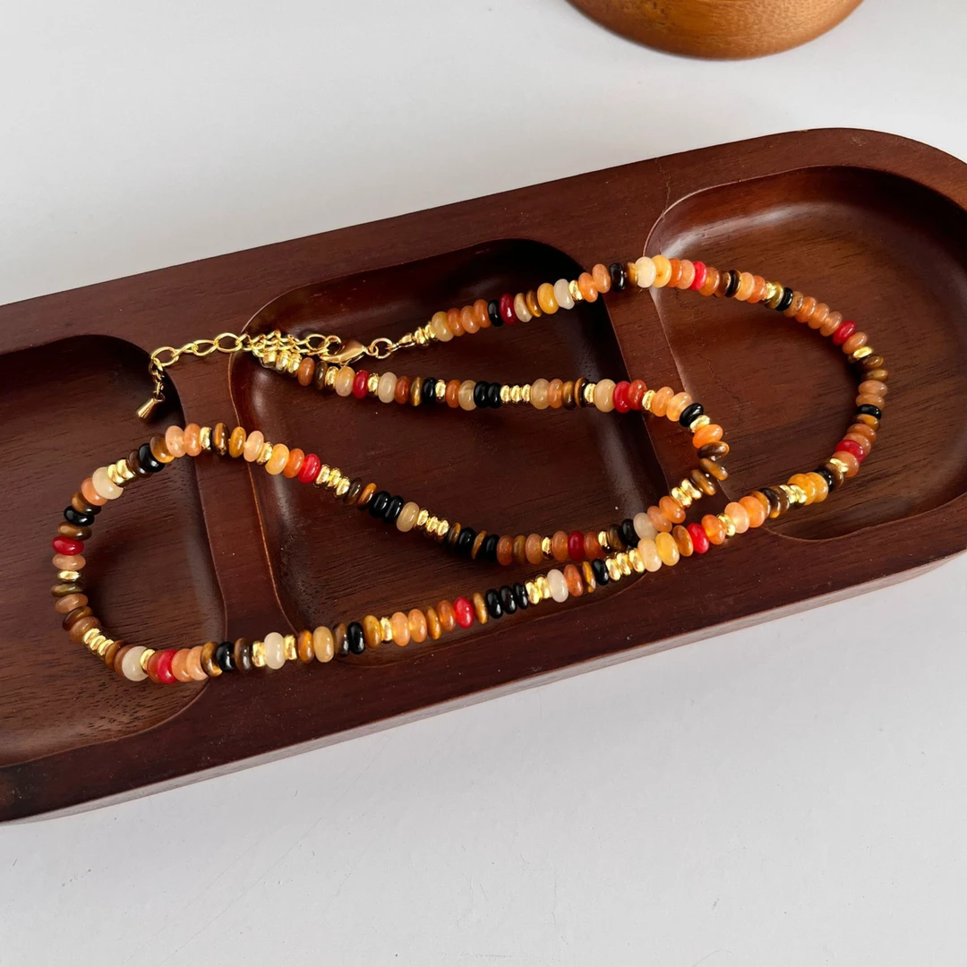 铜项链 美拉德风大地飞盘项链女天然串珠锁骨链女时尚高级感复古