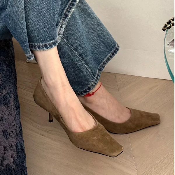 诗歌兰女鞋法式方头浅口高跟鞋秋冬时尚百搭气质细跟单鞋77280-3