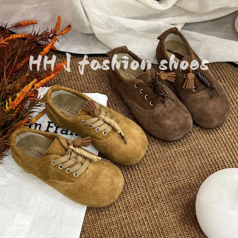 2025秋季新款真皮德训鞋女平底圆头前系带深口单鞋复古休闲勃肯鞋