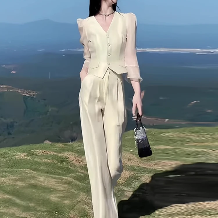 今年流行时尚一整套夏季休闲套装薄款纽扣V领长袖上衣两件套女装