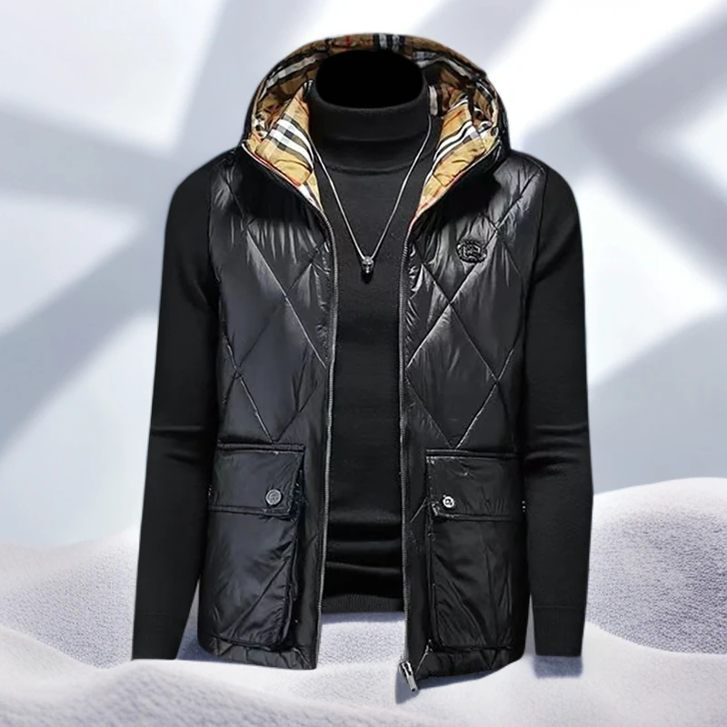 宾斯洛特新款个性绣标连帽蚕丝棉马甲男冬季新款男士潮流休闲马甲