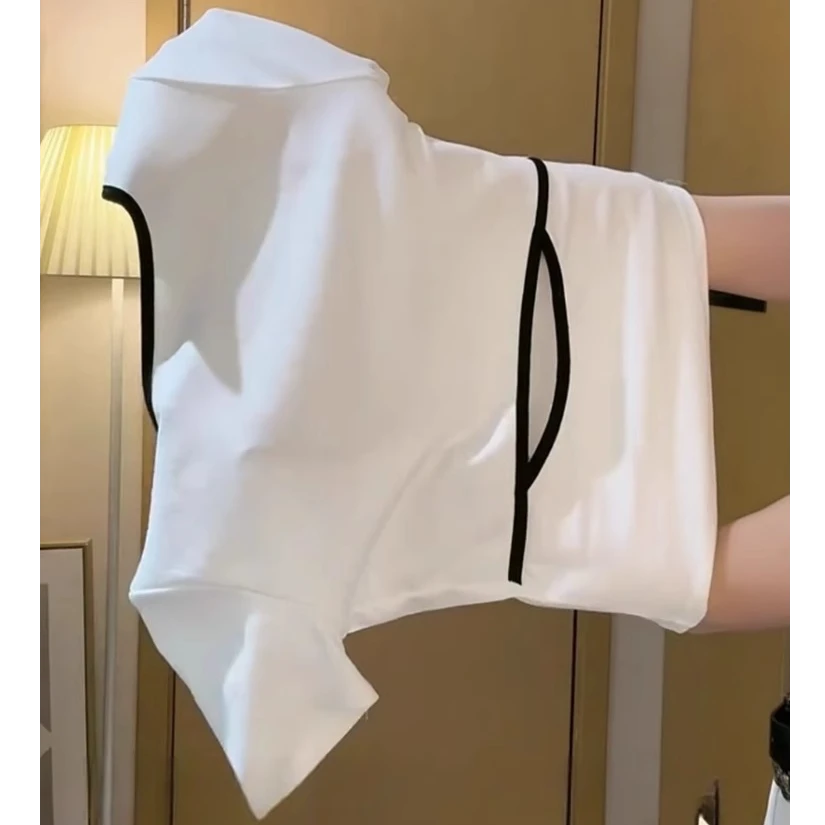 韩系时尚镂空露背短袖纯棉T恤女2025夏季字母印花修身方领小上衣