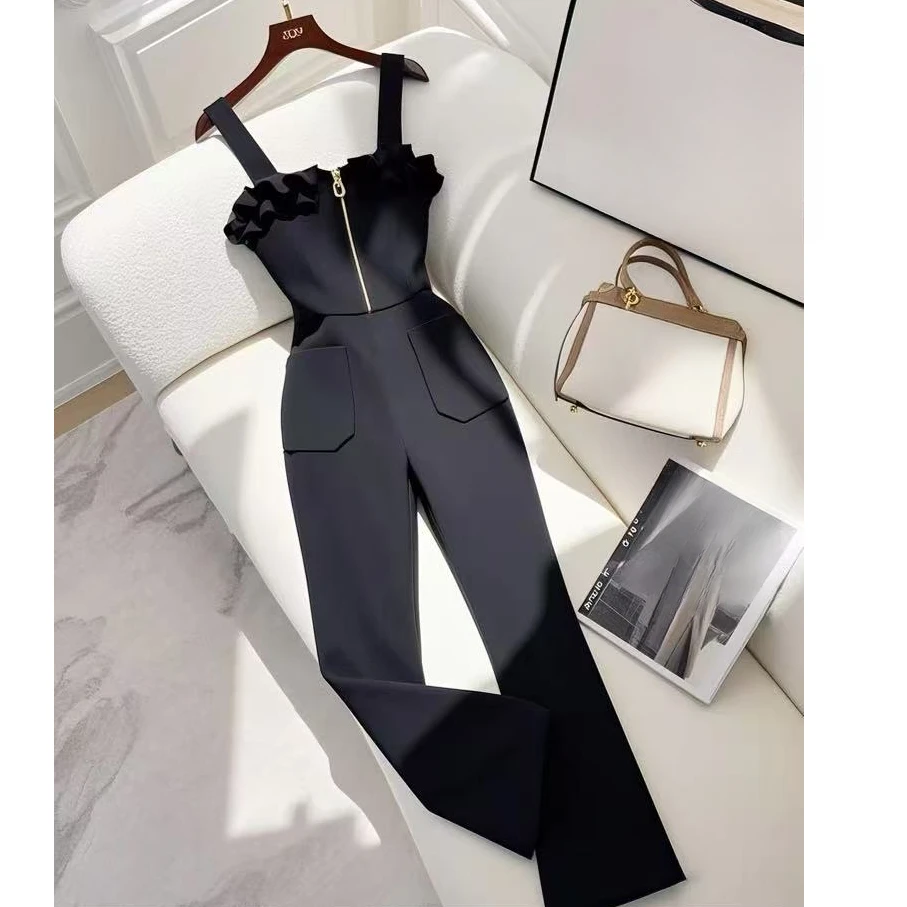 新款大方得体气质名媛一件式修身连衣裤女黑色背带套装连体裤夏季