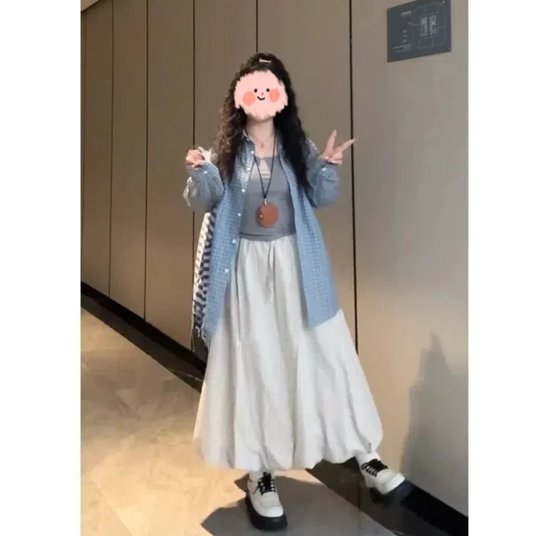 大码套装胖MM夏季格子衬衫吊带半裙三件套女巨显瘦春夏穿搭一整套