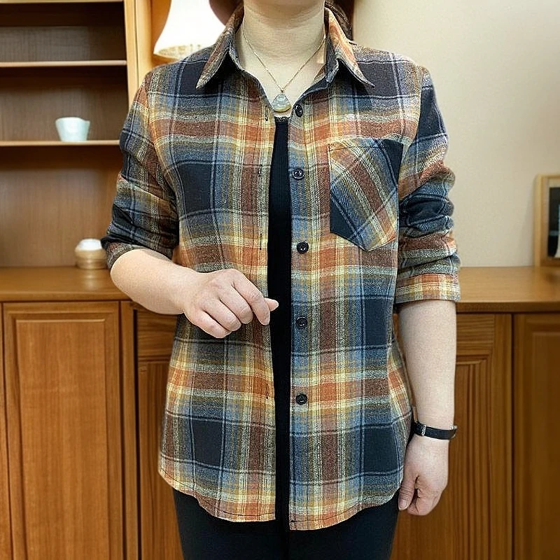 春季新款时尚百搭气质简约英伦高档格子 衬衫上衣小衫大码妈妈装