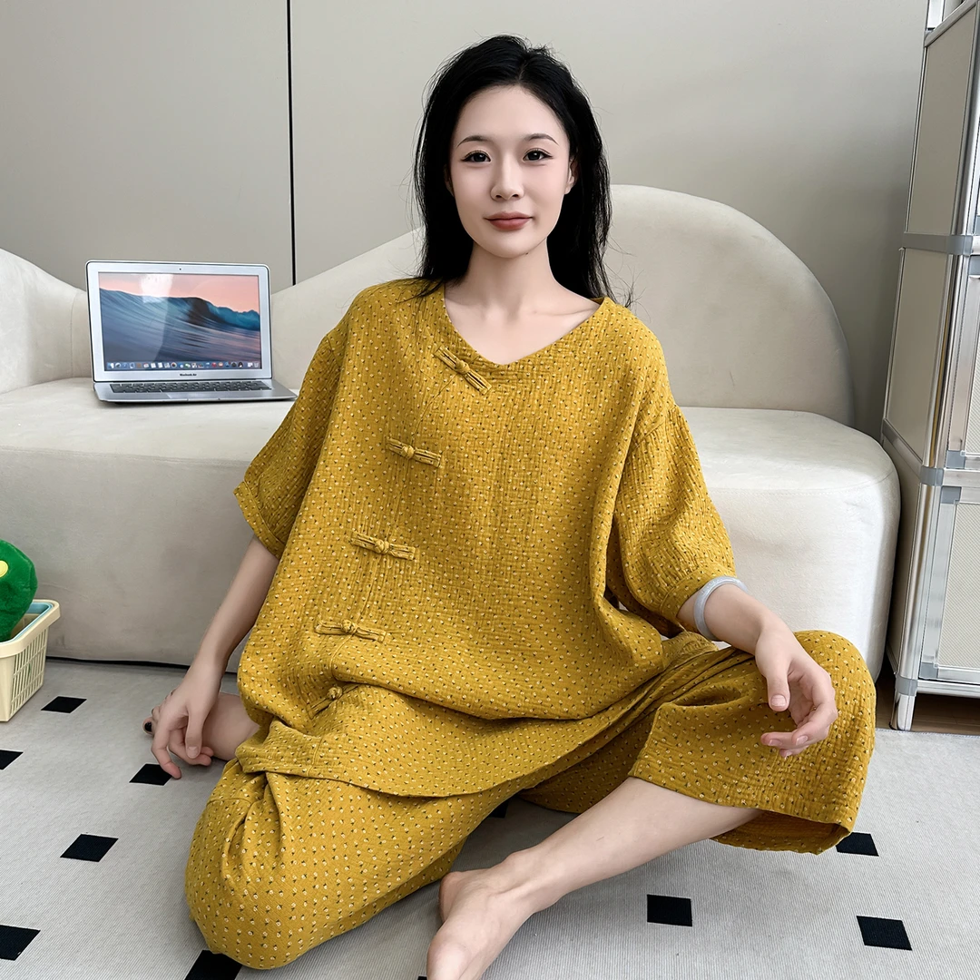 夏季睡衣女大码胖mm双层棉纱新中式国风家居服套装加肥加大200斤