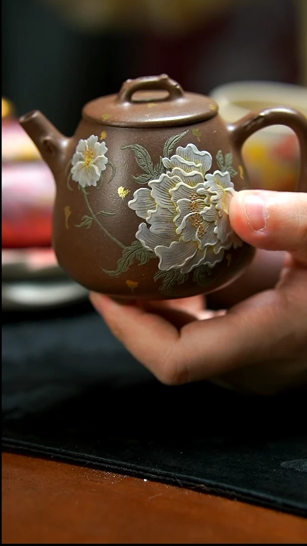 茶壶紫砂段泥描金牡丹高石瓢壶