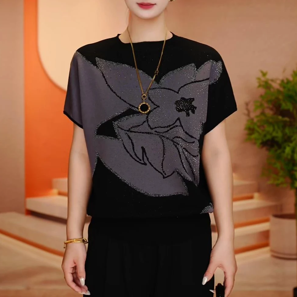 D250583-夏季短袖针织抗起球高端显瘦减龄洋气宽松女士气质时尚