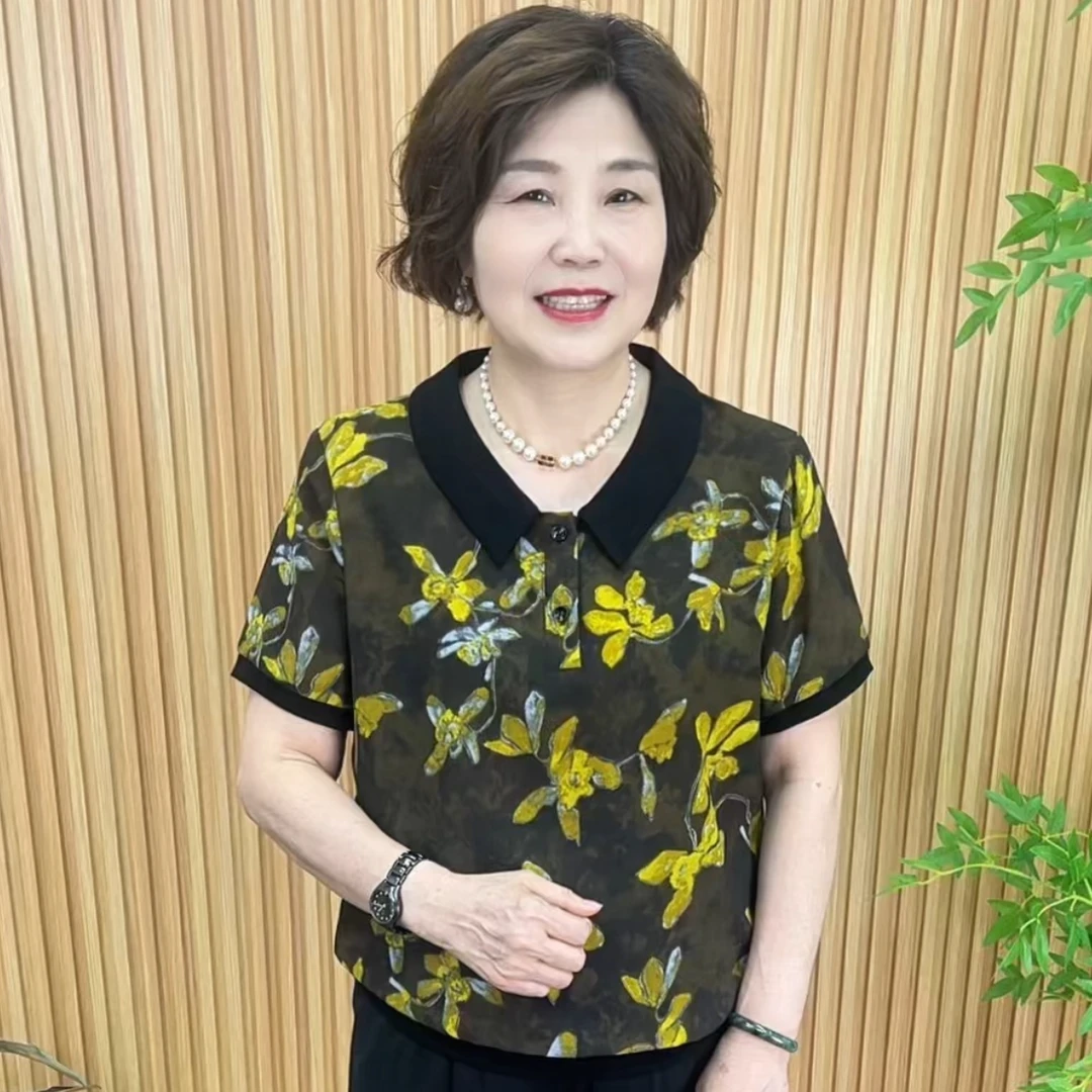 娃娃领短袖耐脏植物花卉宽松型T恤大码印花套装网红V25119