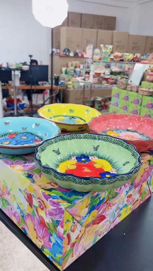 瓷8英寸盘四个装（波浪-樱花+莫妮）草帽-黄+蓝